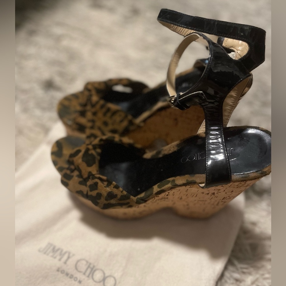 Jimmy Choo Suede Leopard Print Platform Cork wedges Sandals size 36